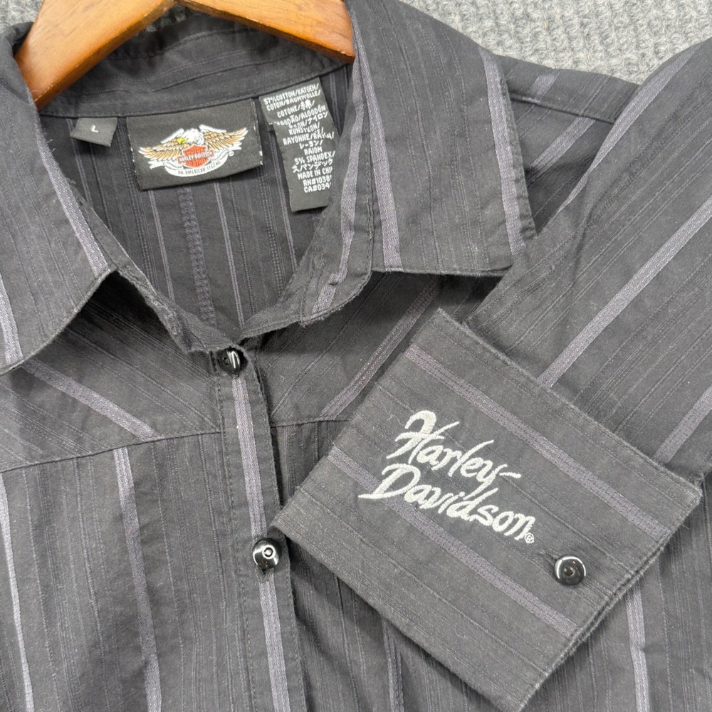 Harley Davidson Button Down Womens Large Black Excellent Long Sleeve Striped